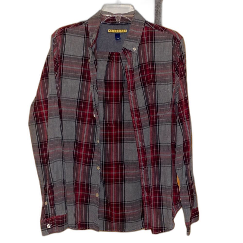 Prince and Fox Red and Grey Plaid Button Down Shirt Medium